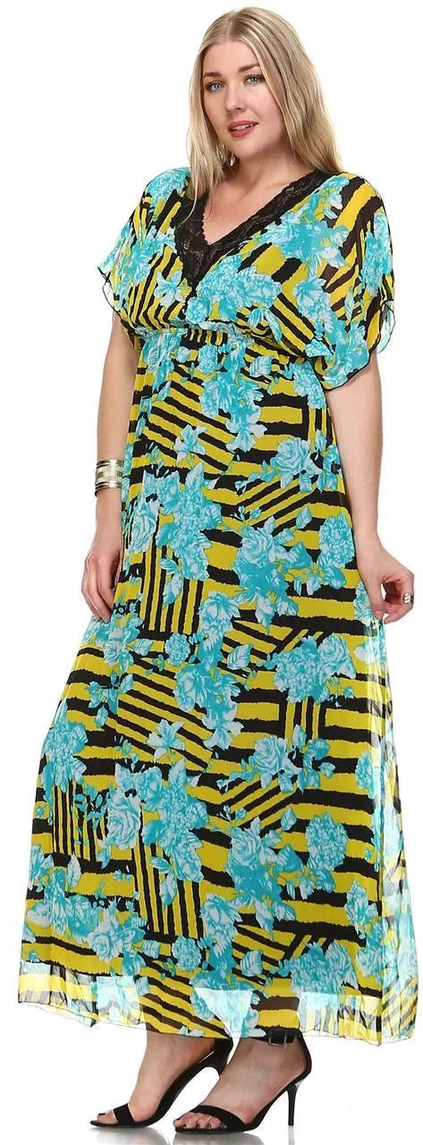 Plus Size Sleeveless Maxi Dress Ruffle Skirt Checkered Yellow Blue