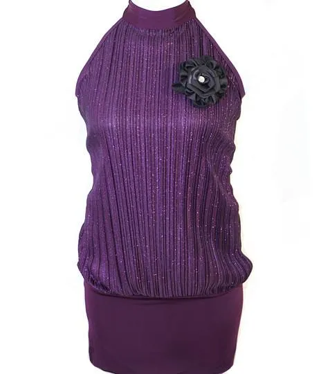 Plus Size Sparkling Pleated Flower Purple Long Halter