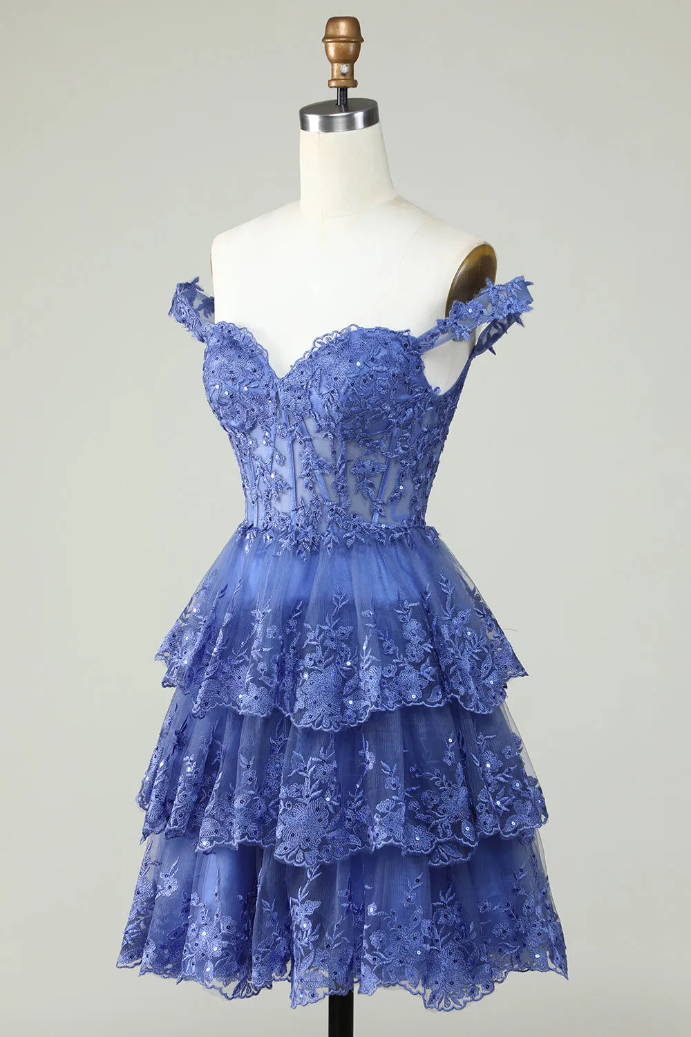 Princess A Line Corset Tiered Purple Short Homecoming Dress with Lace