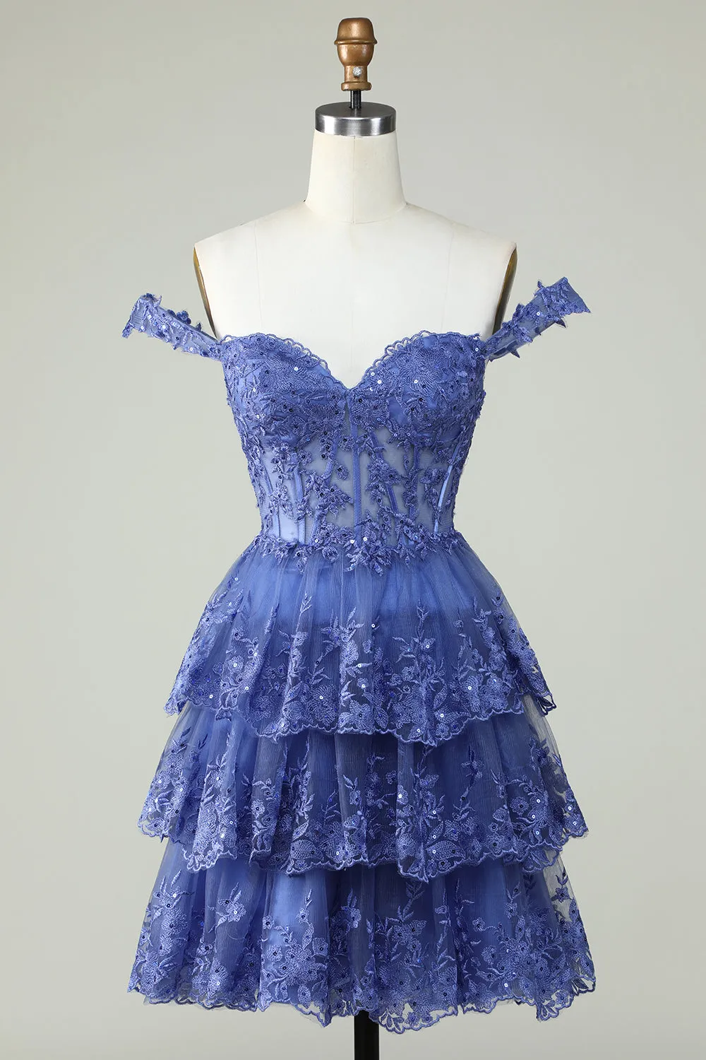 Princess A Line Corset Tiered Purple Short Homecoming Dress with Lace