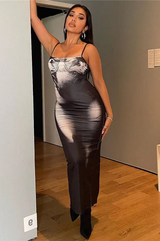 print slim fit hip-covering back slit dress