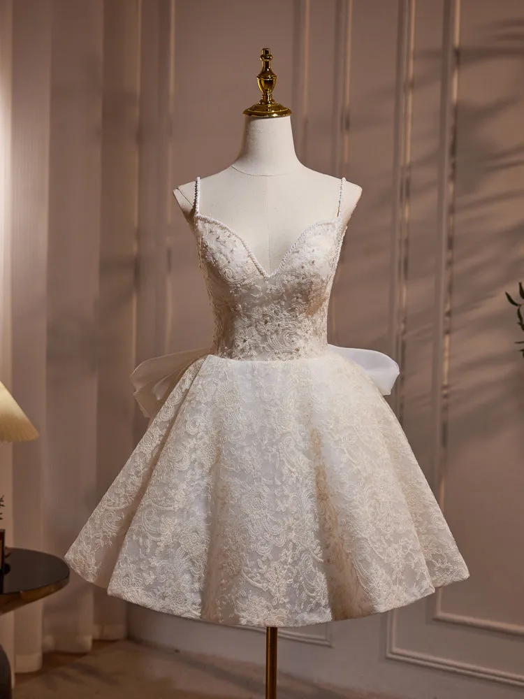 Printed Lace Spaghetti Straps V-neck Bow Tie Beading Short Homecoming Dress