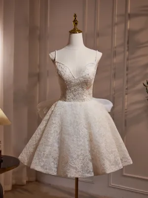 Printed Lace Spaghetti Straps V-neck Bow Tie Beading Short Homecoming Dress