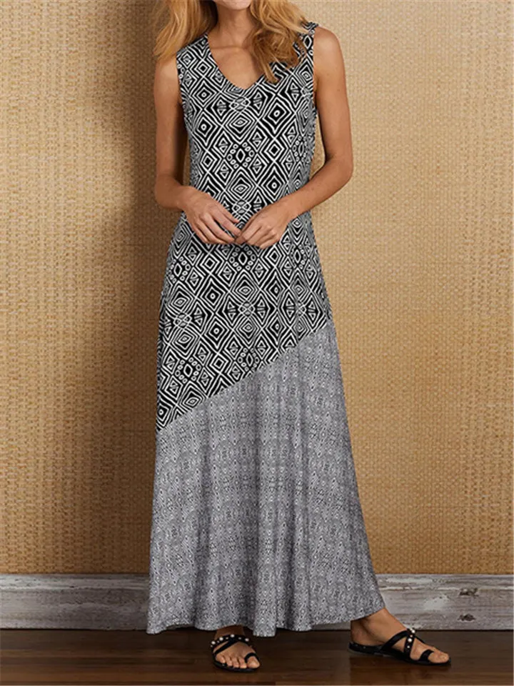 Printed Plus Size Sleeveless V-Neck Long Dresses