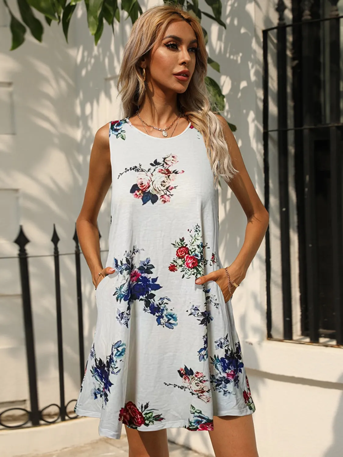 Printed Round Neck Sleeveless Dress with Pockets (8 Color Styles)