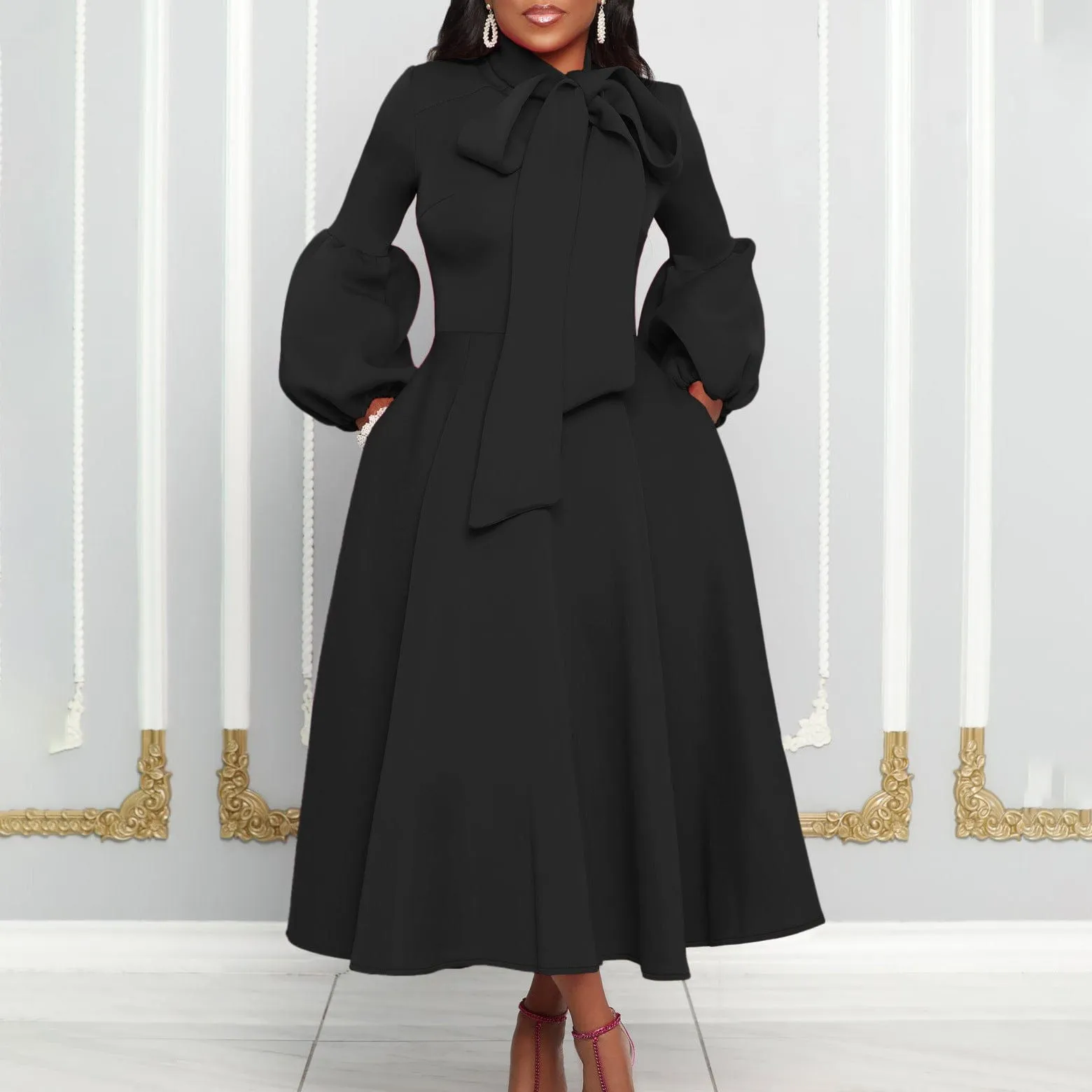 Puff Sleeve Bow Lace-up Large Skirt High Waist Dress