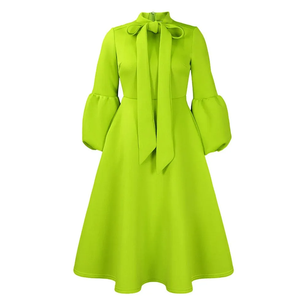 Puff Sleeve Bow Lace-up Large Skirt High Waist Dress