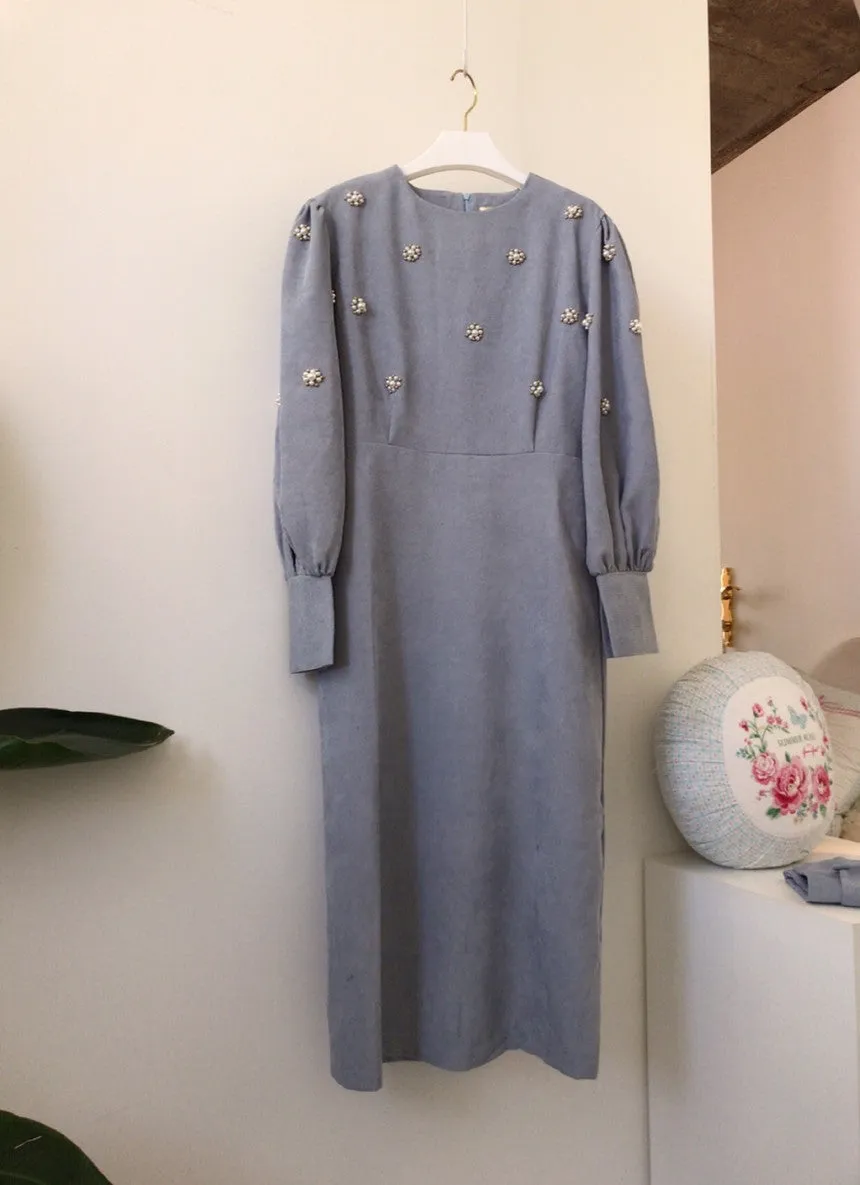 Puff Sleeve Lacing Corduroy Floral Midi Dresses