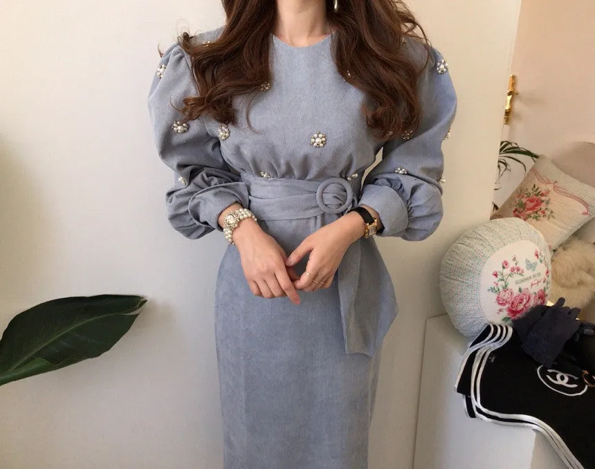 Puff Sleeve Lacing Corduroy Floral Midi Dresses