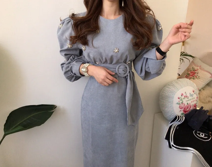 Puff Sleeve Lacing Corduroy Floral Midi Dresses