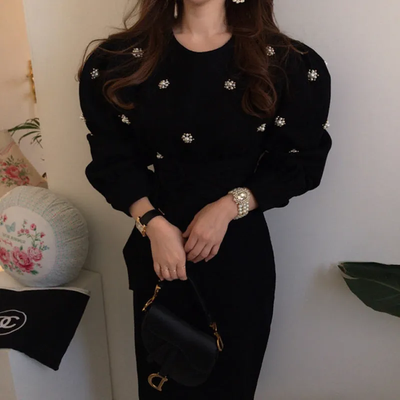 Puff Sleeve Lacing Corduroy Floral Midi Dresses
