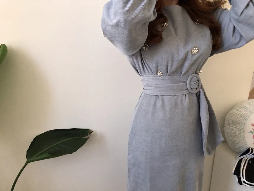Puff Sleeve Lacing Corduroy Floral Midi Dresses