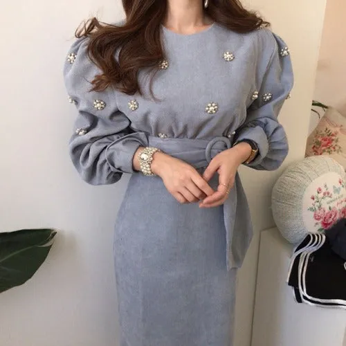 Puff Sleeve Lacing Corduroy Floral Midi Dresses