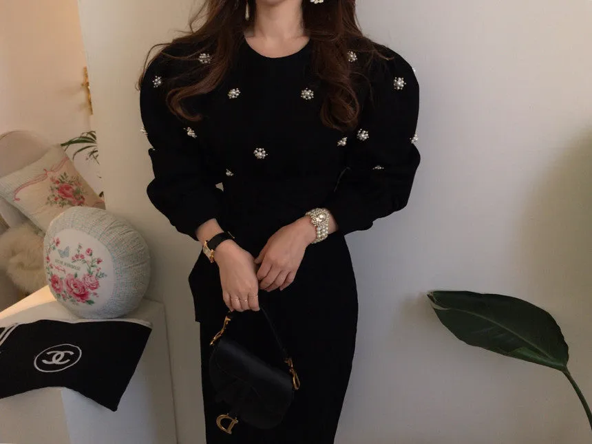 Puff Sleeve Lacing Corduroy Floral Midi Dresses