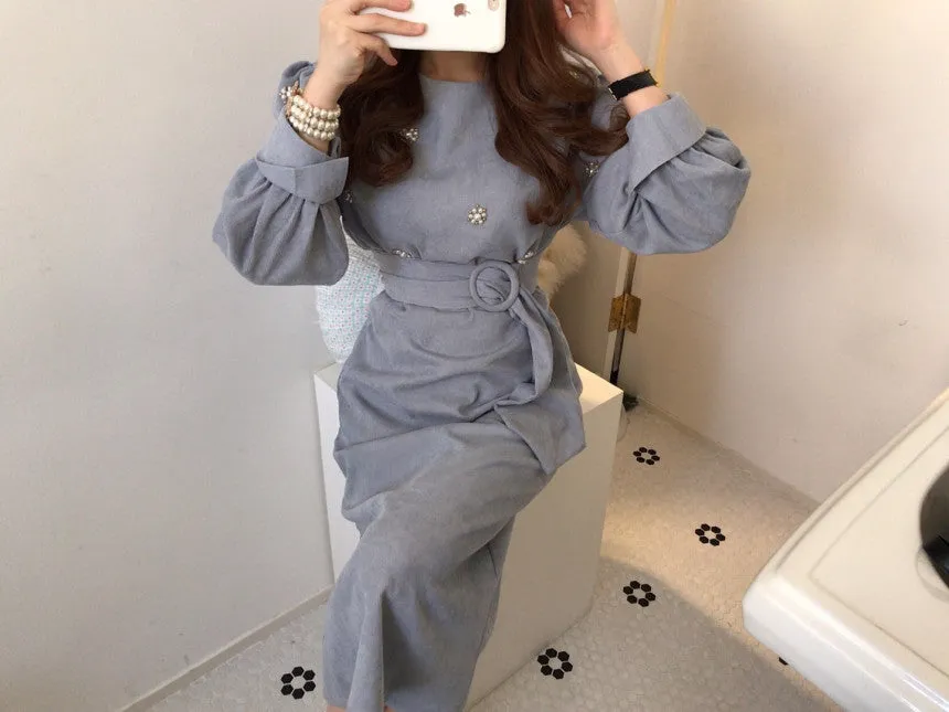 Puff Sleeve Lacing Corduroy Floral Midi Dresses