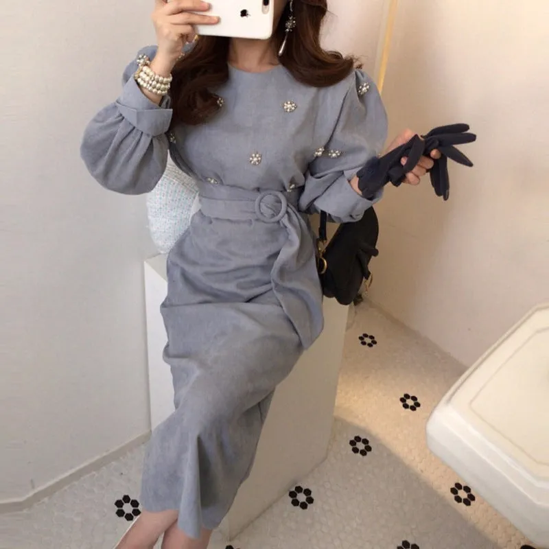 Puff Sleeve Lacing Corduroy Floral Midi Dresses