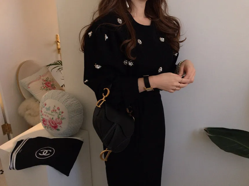 Puff Sleeve Lacing Corduroy Floral Midi Dresses