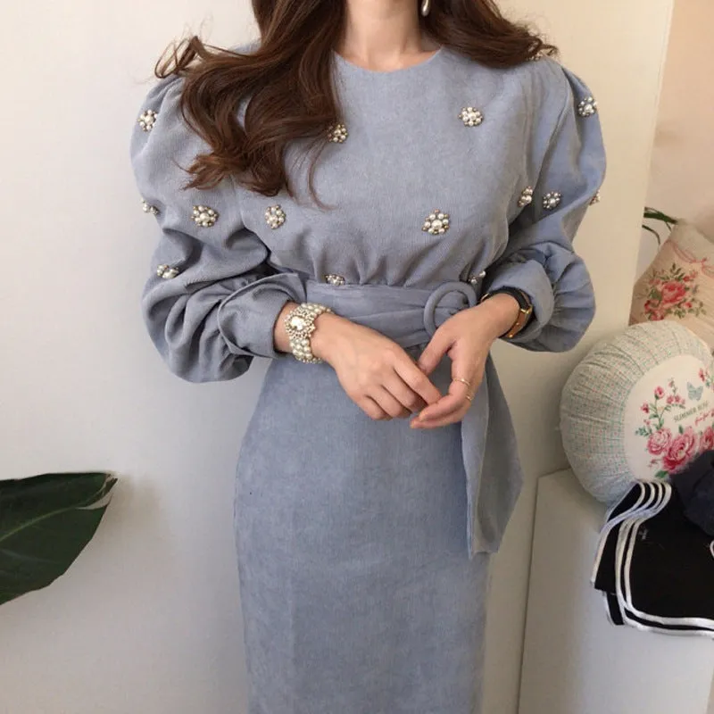 Puff Sleeve Lacing Corduroy Floral Midi Dresses