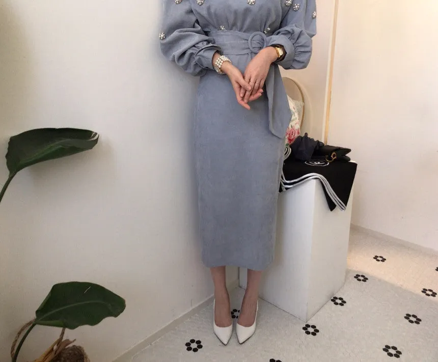 Puff Sleeve Lacing Corduroy Floral Midi Dresses