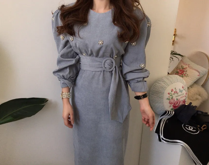 Puff Sleeve Lacing Corduroy Floral Midi Dresses
