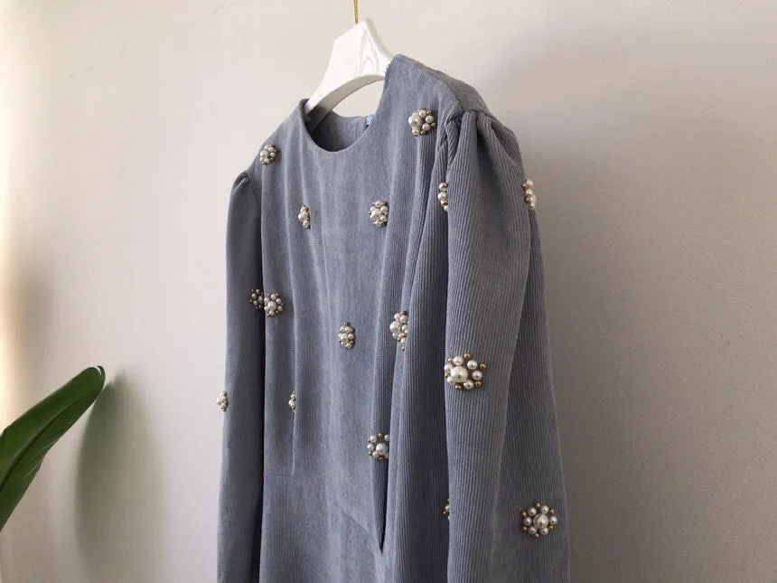 Puff Sleeve Lacing Corduroy Floral Midi Dresses