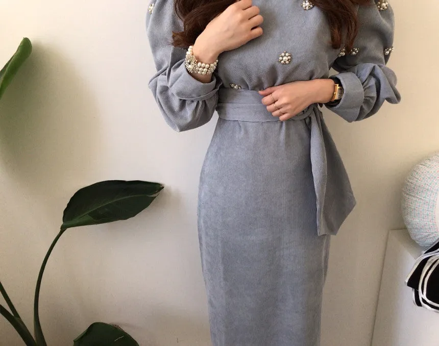 Puff Sleeve Lacing Corduroy Floral Midi Dresses