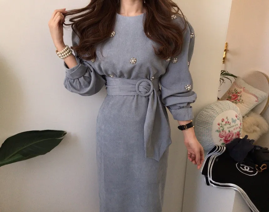 Puff Sleeve Lacing Corduroy Floral Midi Dresses