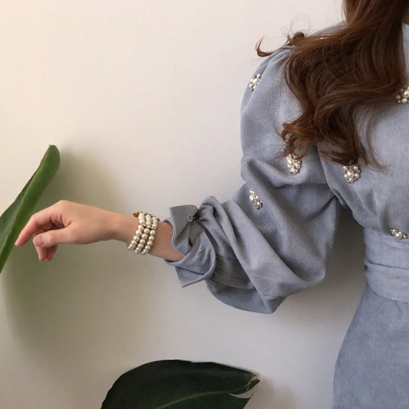 Puff Sleeve Lacing Corduroy Floral Midi Dresses