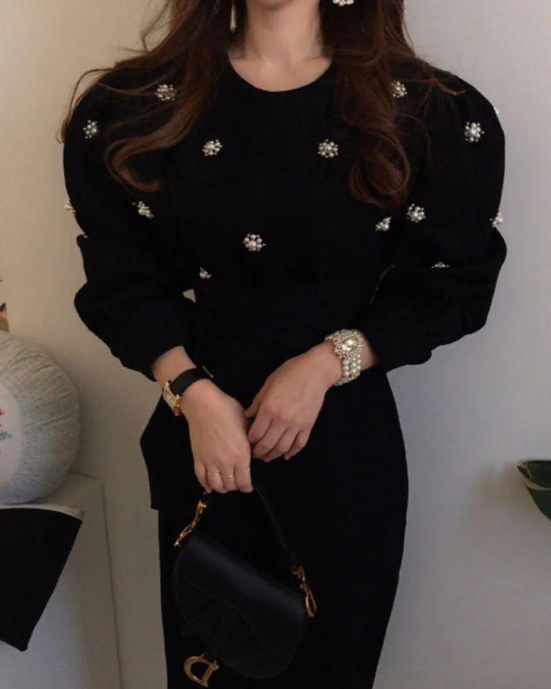 Puff Sleeve Lacing Corduroy Floral Midi Dresses