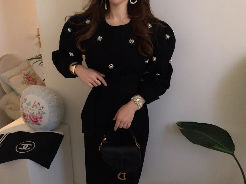 Puff Sleeve Lacing Corduroy Floral Midi Dresses