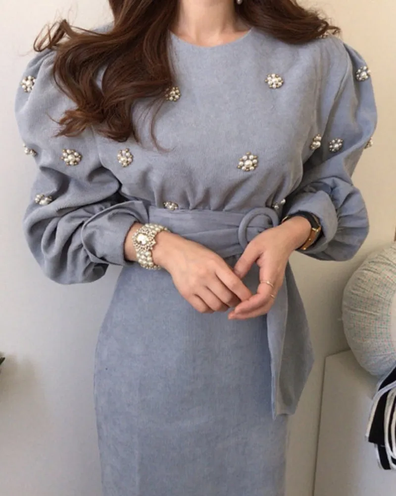 Puff Sleeve Lacing Corduroy Floral Midi Dresses