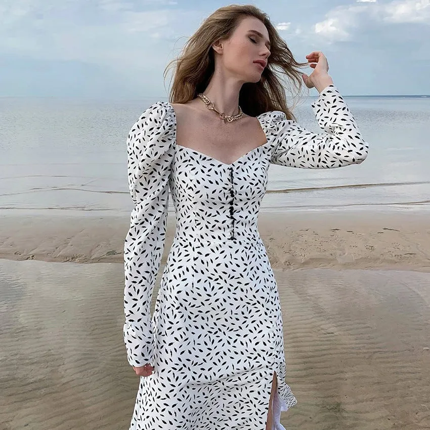 Puff Sleeve Square Collar Floral Vintage Midi Dresses
