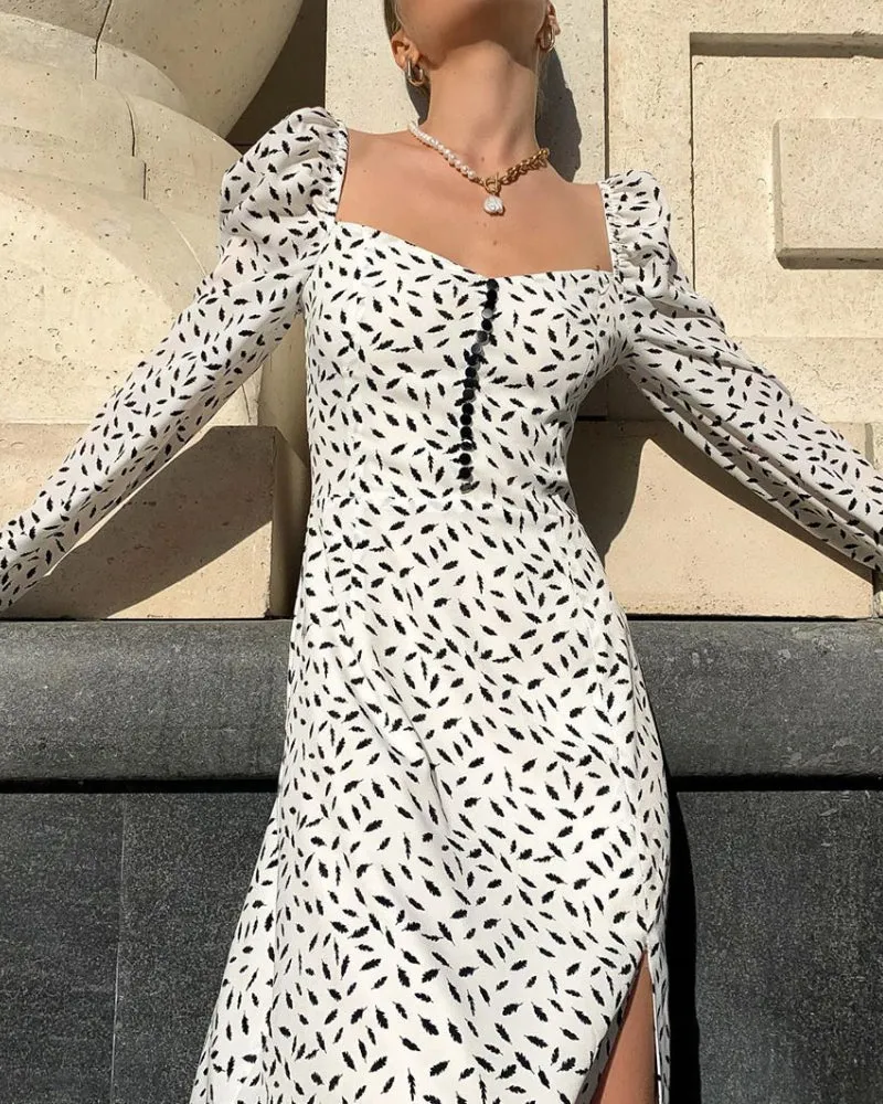 Puff Sleeve Square Collar Floral Vintage Midi Dresses