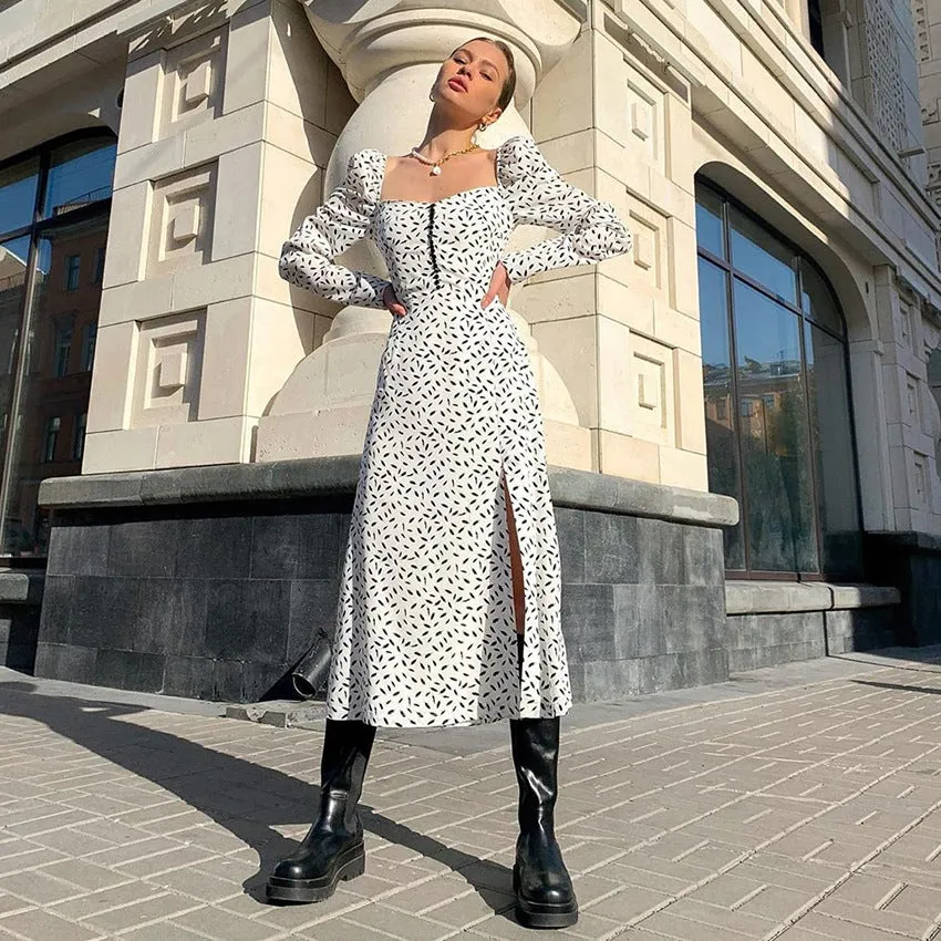 Puff Sleeve Square Collar Floral Vintage Midi Dresses