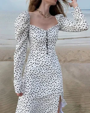 Puff Sleeve Square Collar Floral Vintage Midi Dresses