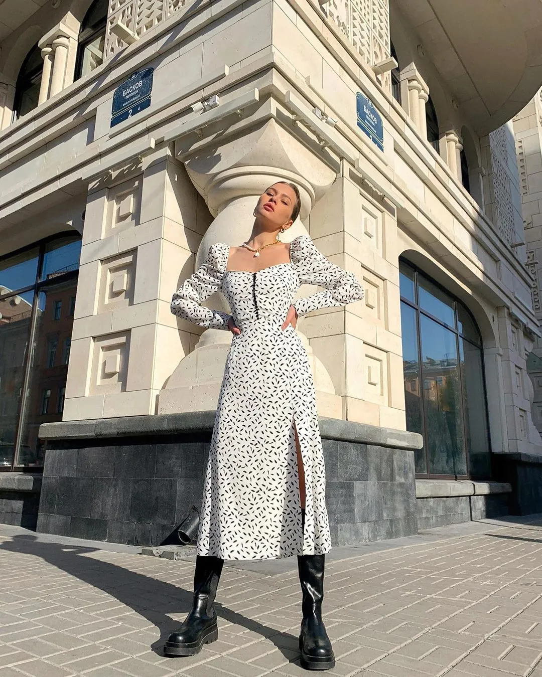 Puff Sleeve Square Collar Floral Vintage Midi Dresses
