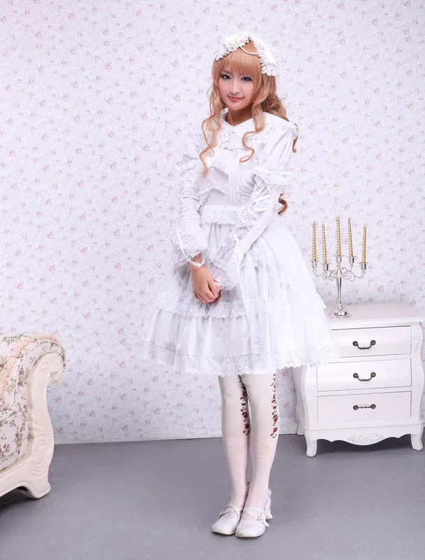 Pure White Lolita One-piece Dress Long Sleeves Layered Lace Trim