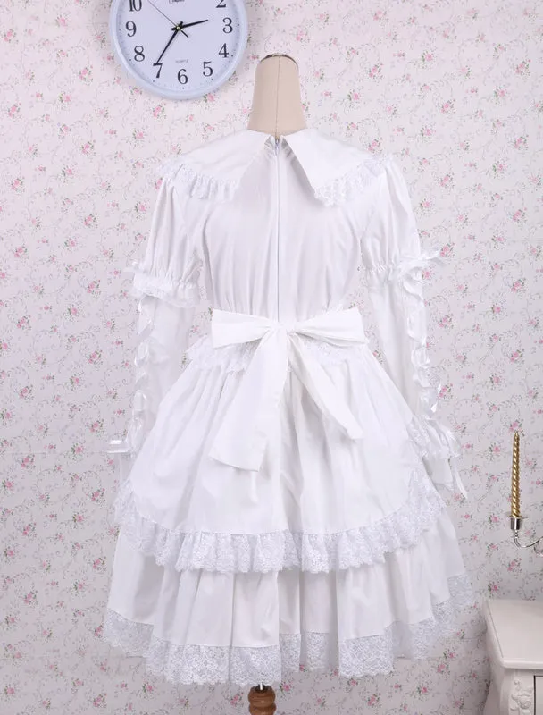 Pure White Lolita One-piece Dress Long Sleeves Layered Lace Trim