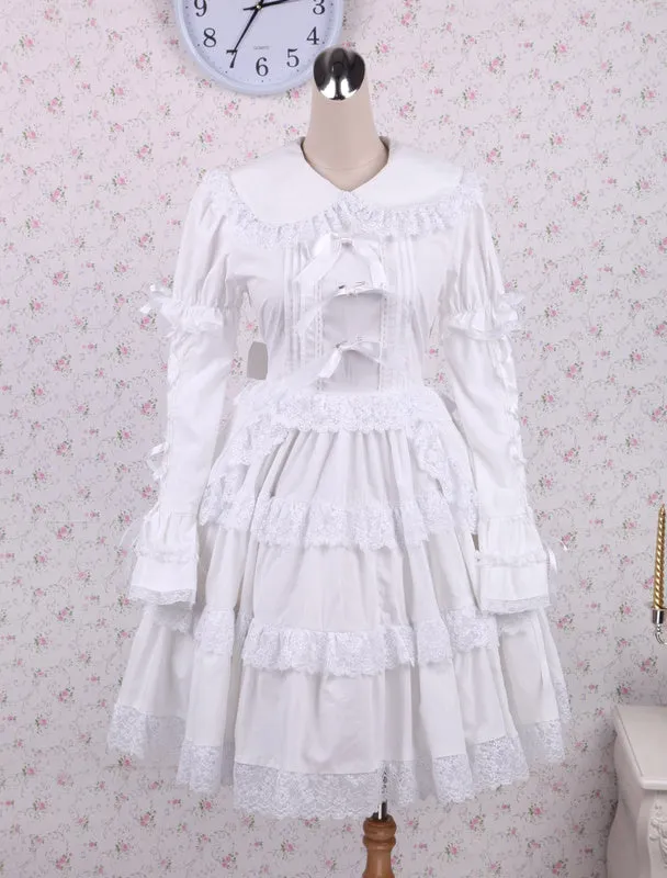 Pure White Lolita One-piece Dress Long Sleeves Layered Lace Trim