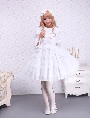 Pure White Lolita One-piece Dress Long Sleeves Layered Lace Trim
