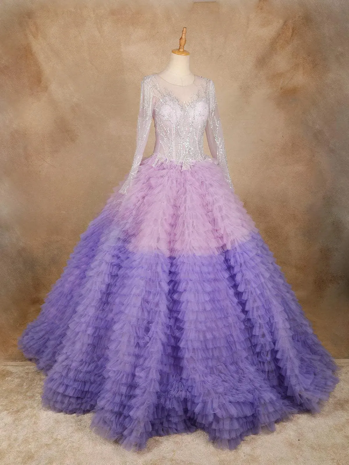 Purple Ruffled Sequins Net Ball Bridal Reception Gown