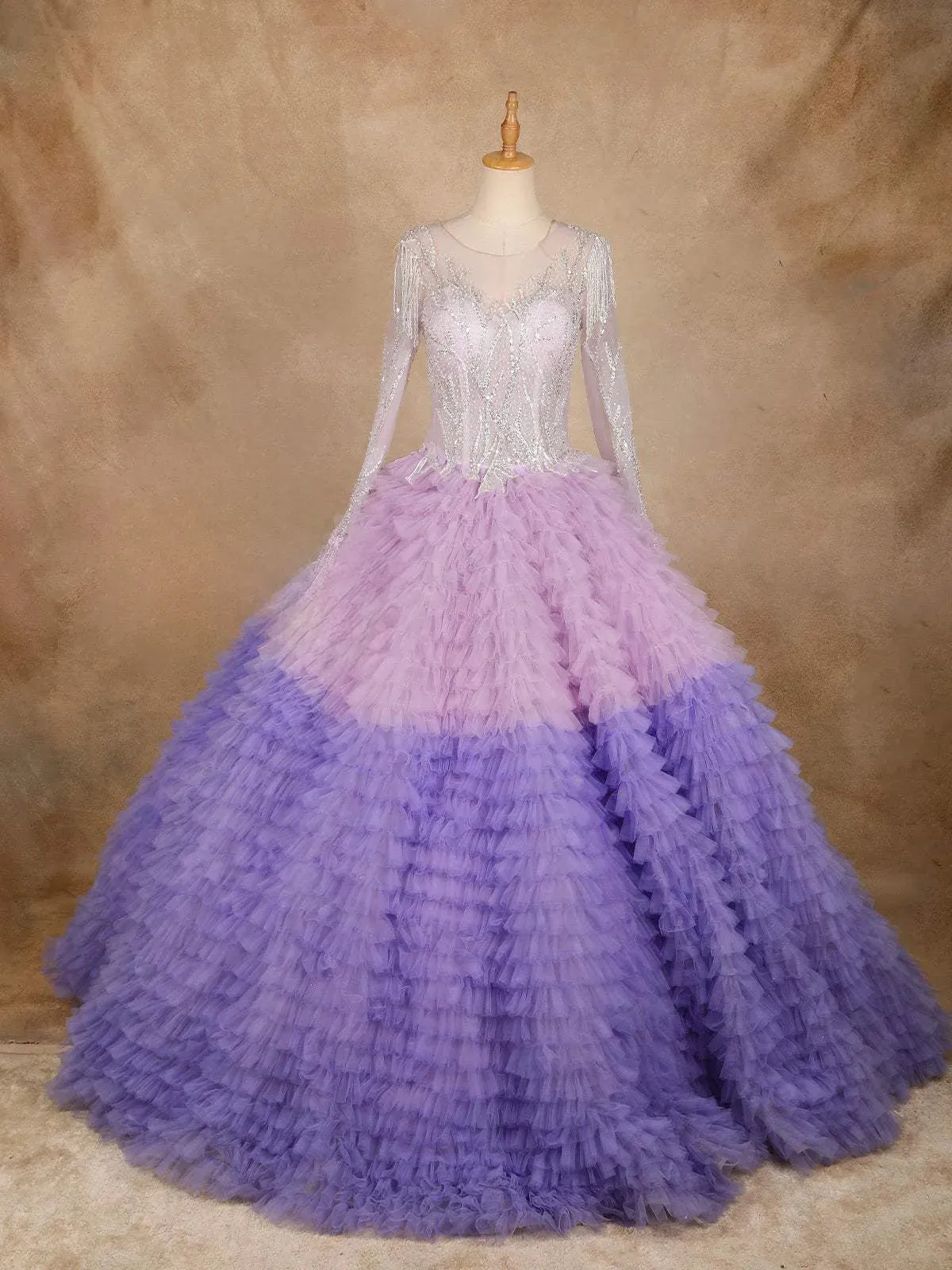 Purple Ruffled Sequins Net Ball Bridal Reception Gown