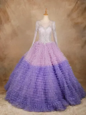 Purple Ruffled Sequins Net Ball Bridal Reception Gown