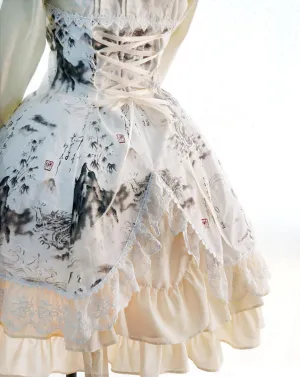 Qi Lolita Dress Incense Landscape And Dragon Printed OP Lolita One Piece Dress