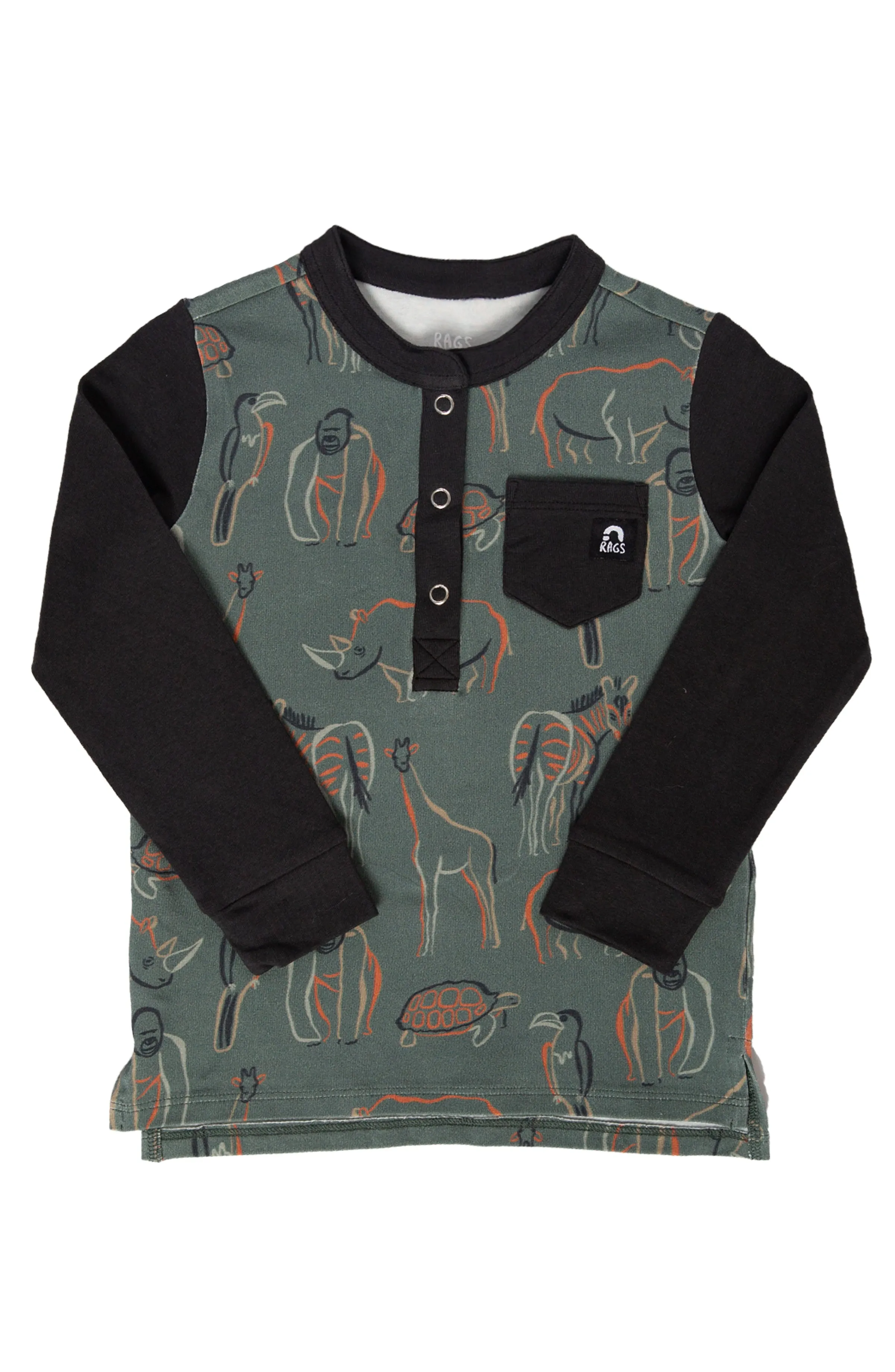 RAGS L/S Henley Pocket Kids Tee - Zoo Animals