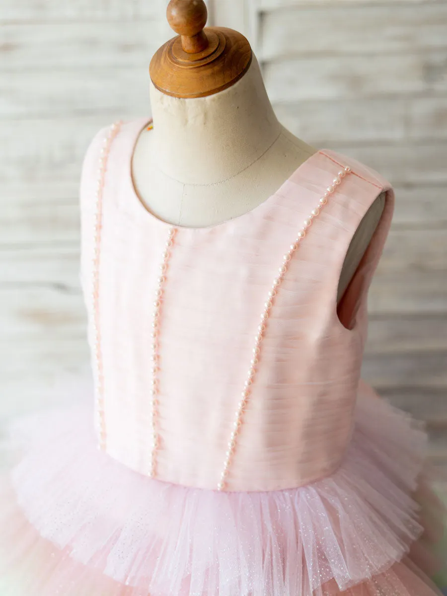 Rainbow Color Jewel Neck Tulle Sleeveless Short Princess Pearls Kids Social Party Dresses