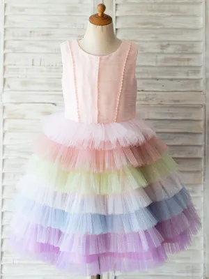 Rainbow Color Jewel Neck Tulle Sleeveless Short Princess Pearls Kids Social Party Dresses