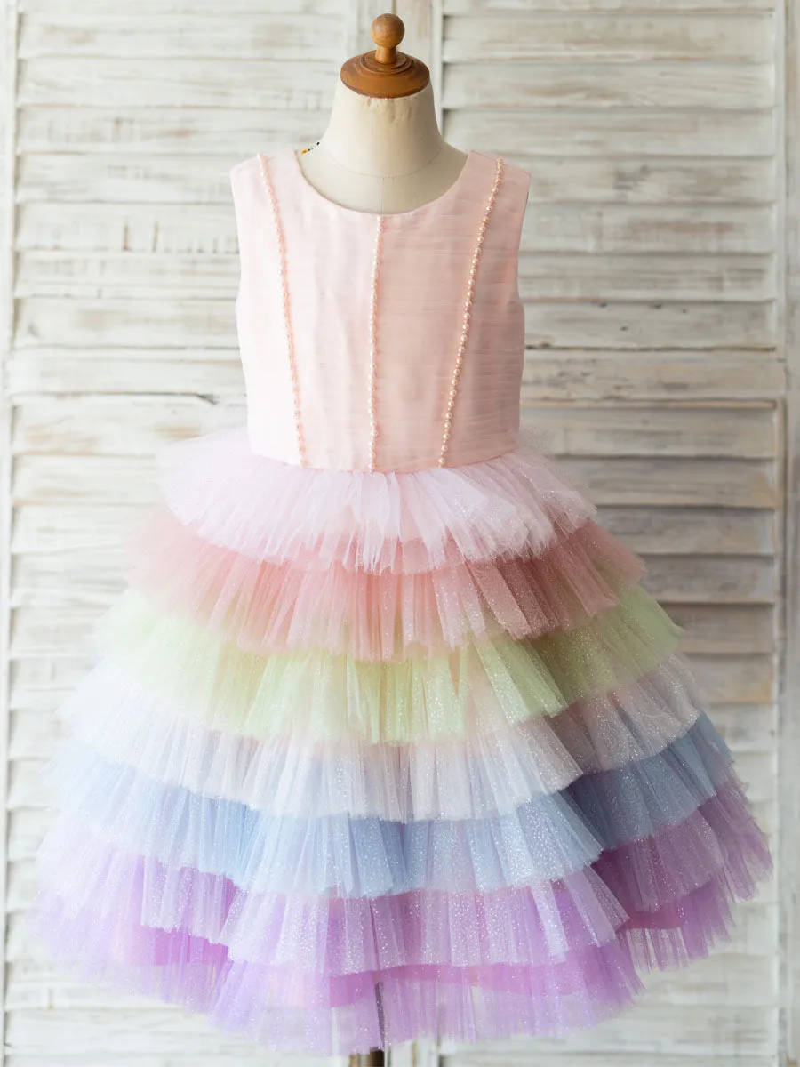 Rainbow Color Jewel Neck Tulle Sleeveless Short Princess Pearls Kids Social Party Dresses