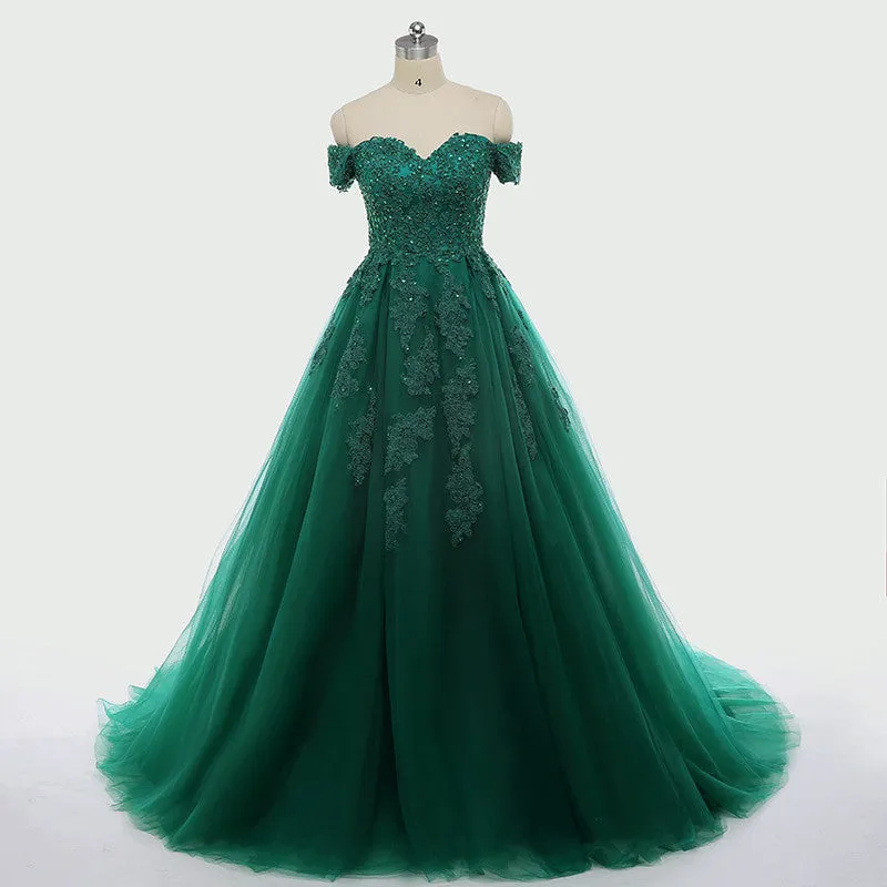 Real Off Shoulder Green Prom Dresses Beaded Appliques Emerald Quince Dress