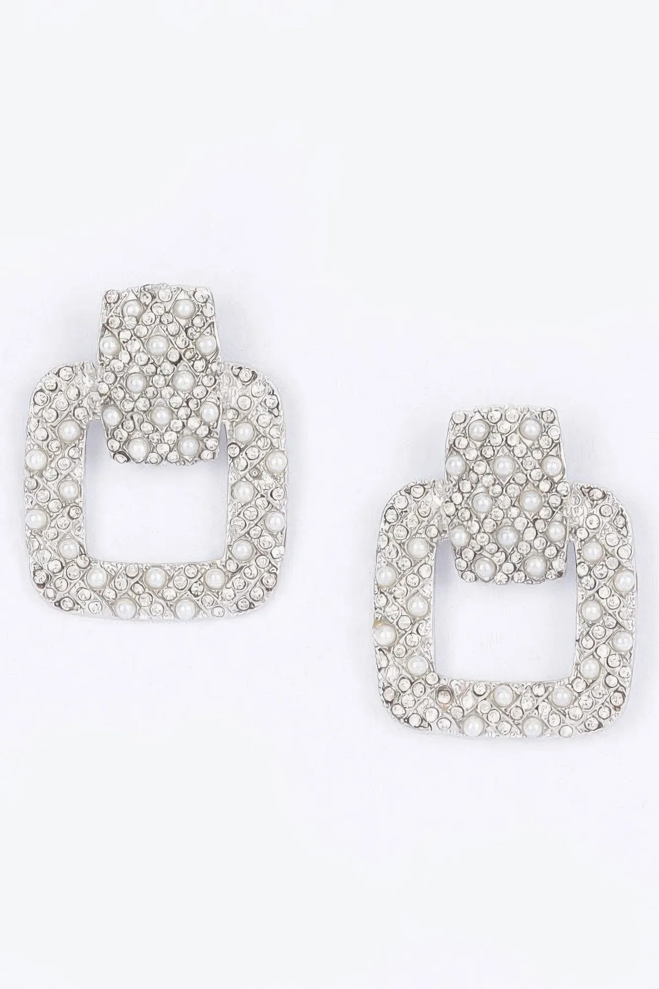 Rectangle Link Faux Pearl Rhinestone Dangle Earrings